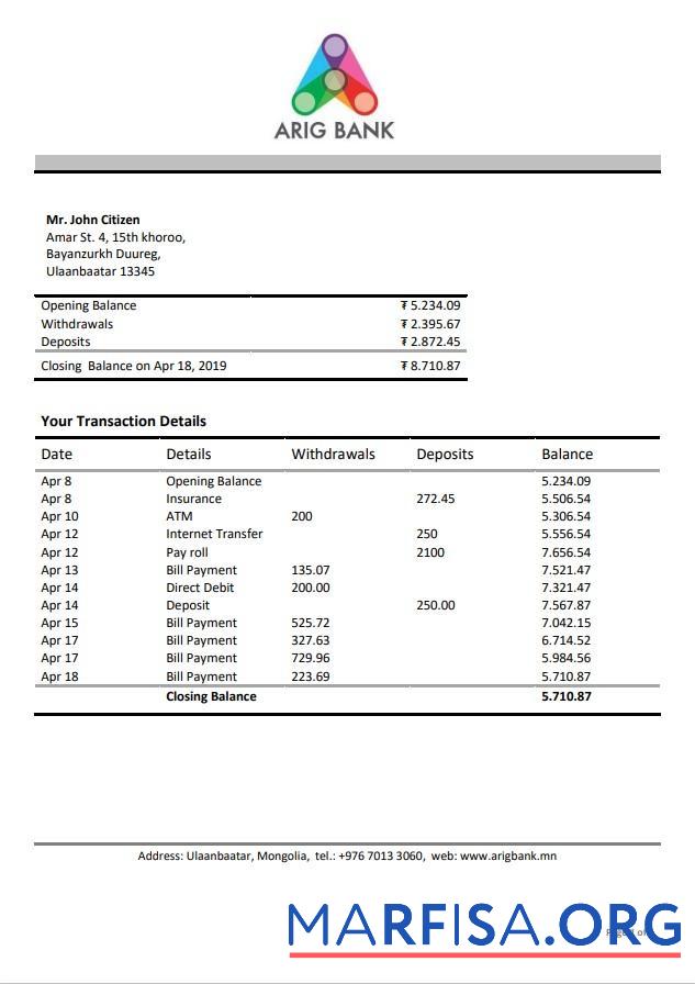 Blank Mongolia Arig bank statement word example